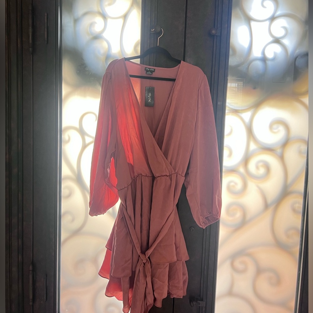 City Chic Dusty Peach Dress Twisted Ruffle